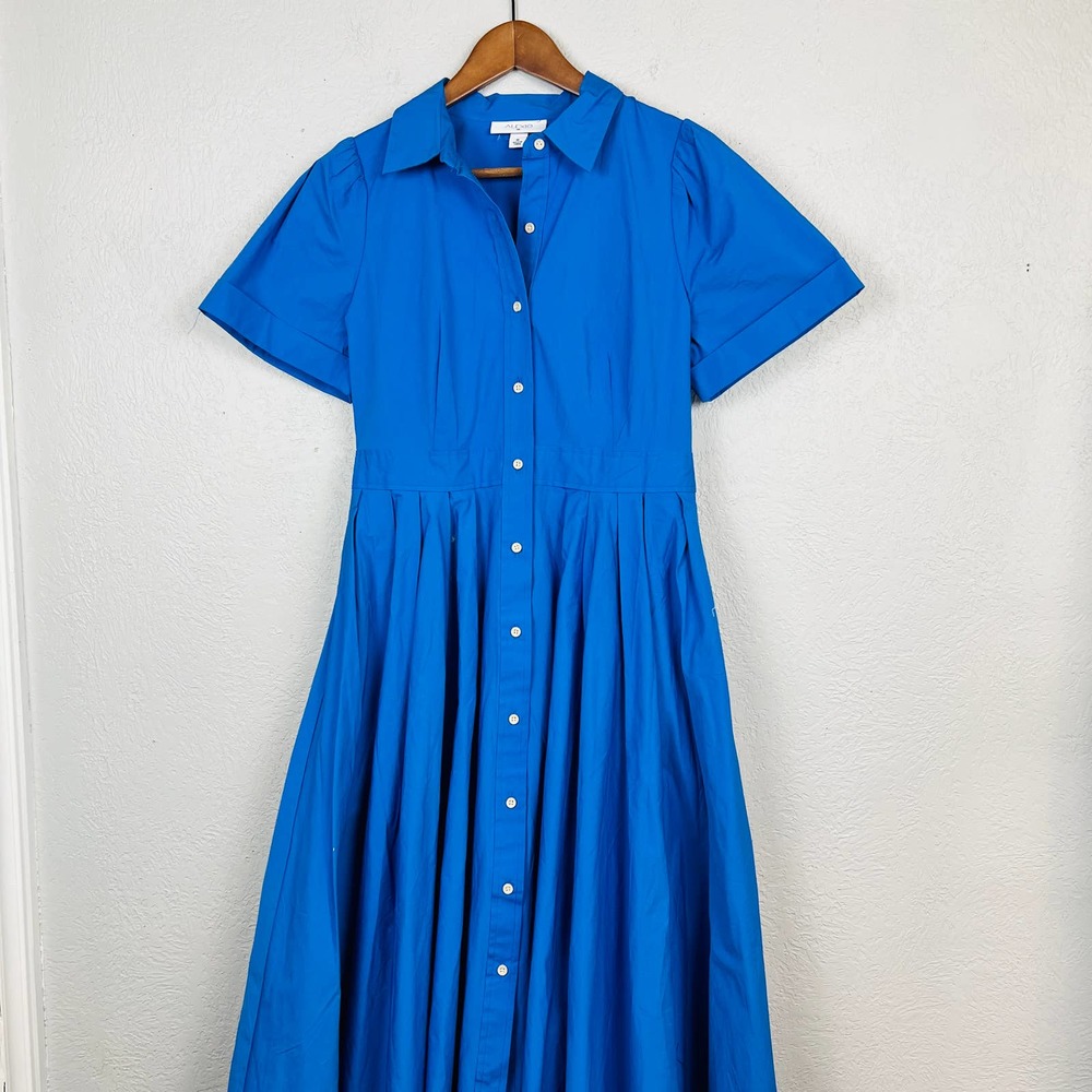NEW! Alexis Shirt Dress Full Skirt Blue Short Sleeve Modest - M